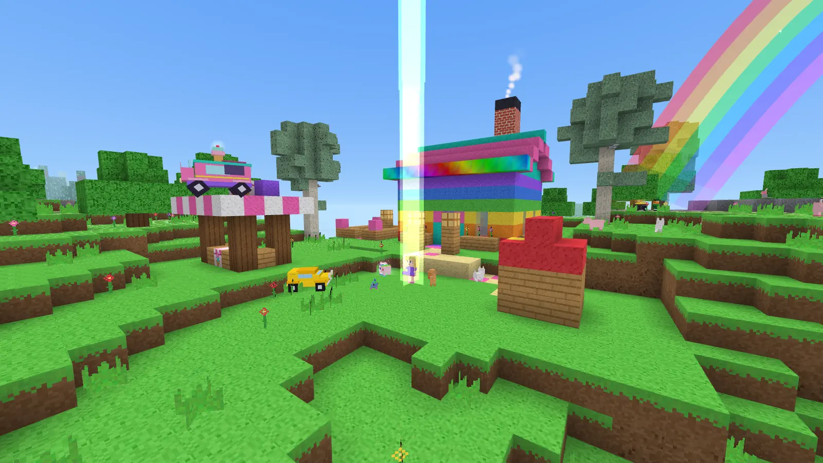Zibby's rainbow house on a sunny green hill, with a pink cubby, a yellow car and a rainbow in the sky