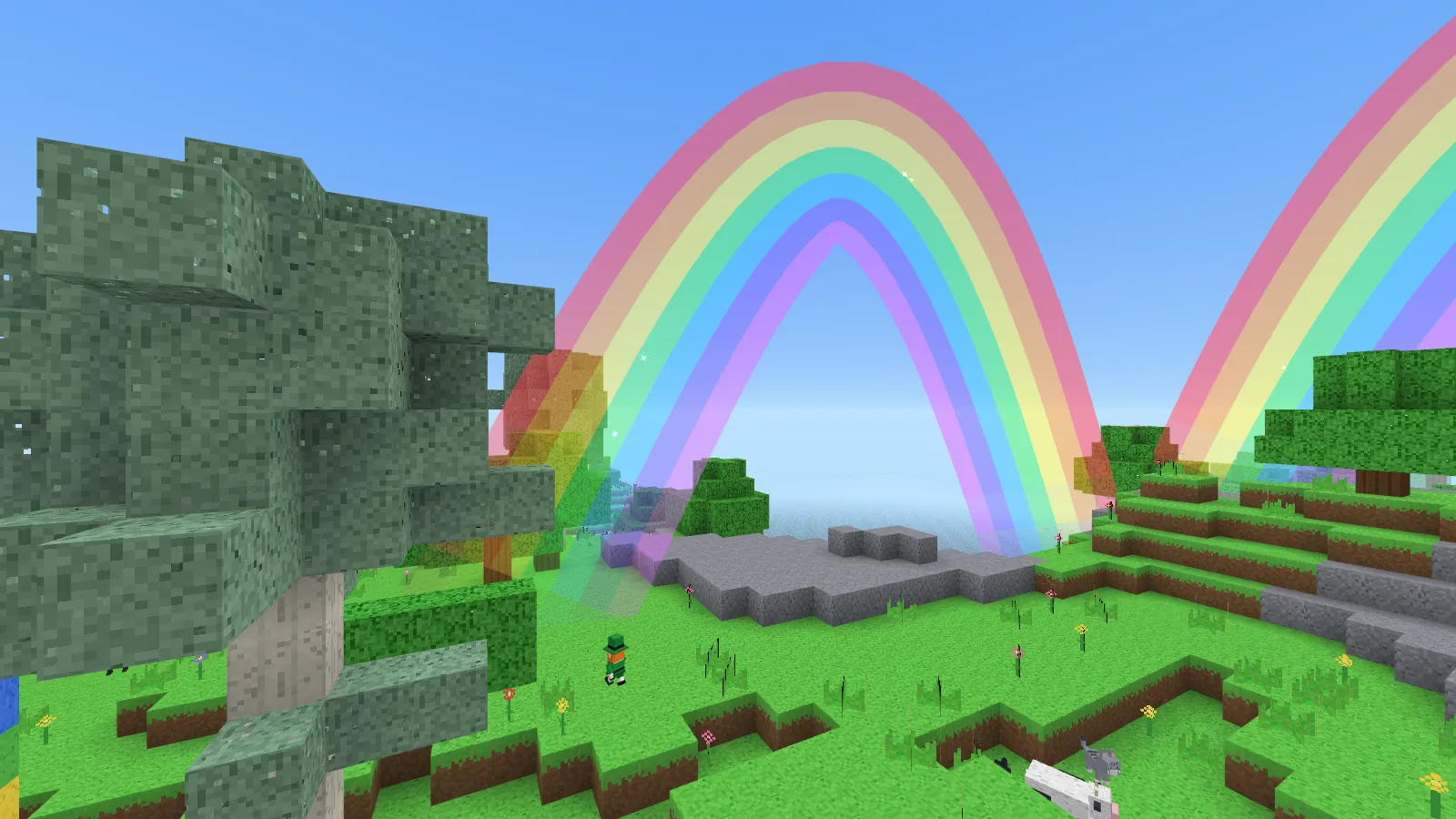 A huge pastel rainbow arching over the meadow, with a leprechaun walking nearby